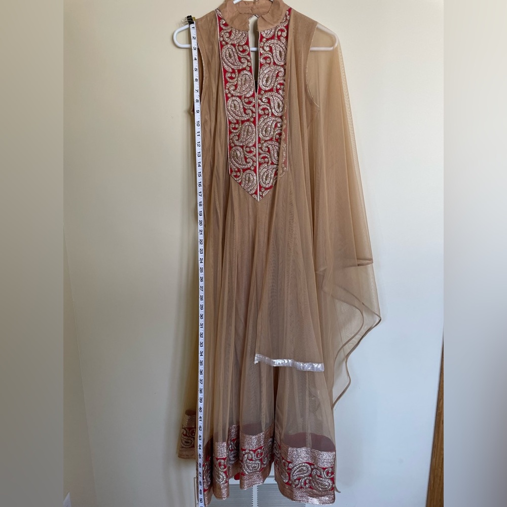 Indian Tan Salwar Suit with Matching Churidaar Style Pant and Dupatta